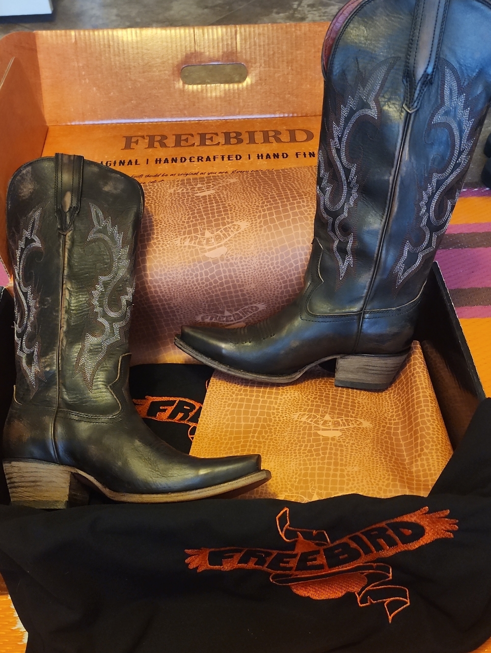 Freebird "Woodland" Black Leather Western Boots with Embroidered Detailing NWT